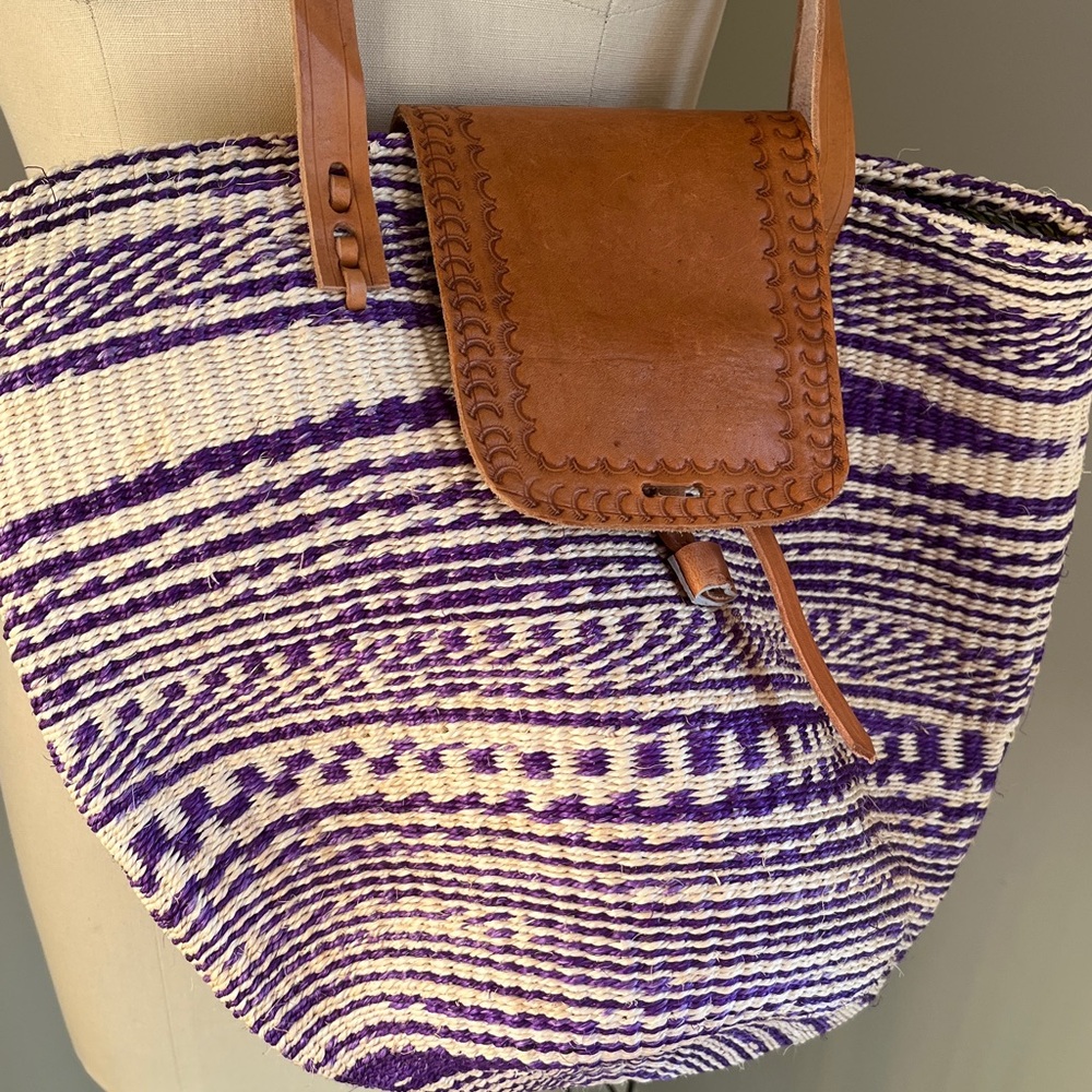 Handwoven Sisal Bag Kenyan Kiondo Basket Tote Leather Purple African Artisan - Picture 15 of 15